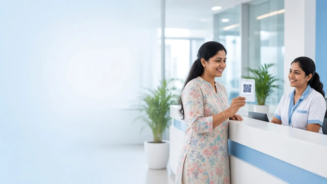Mother showing her MyMedicare health key QR code at a hospital reception desk