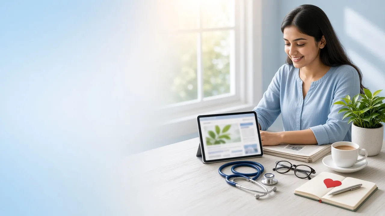 Woman reading a health guide on a tablet at a bright table with a stethoscope
