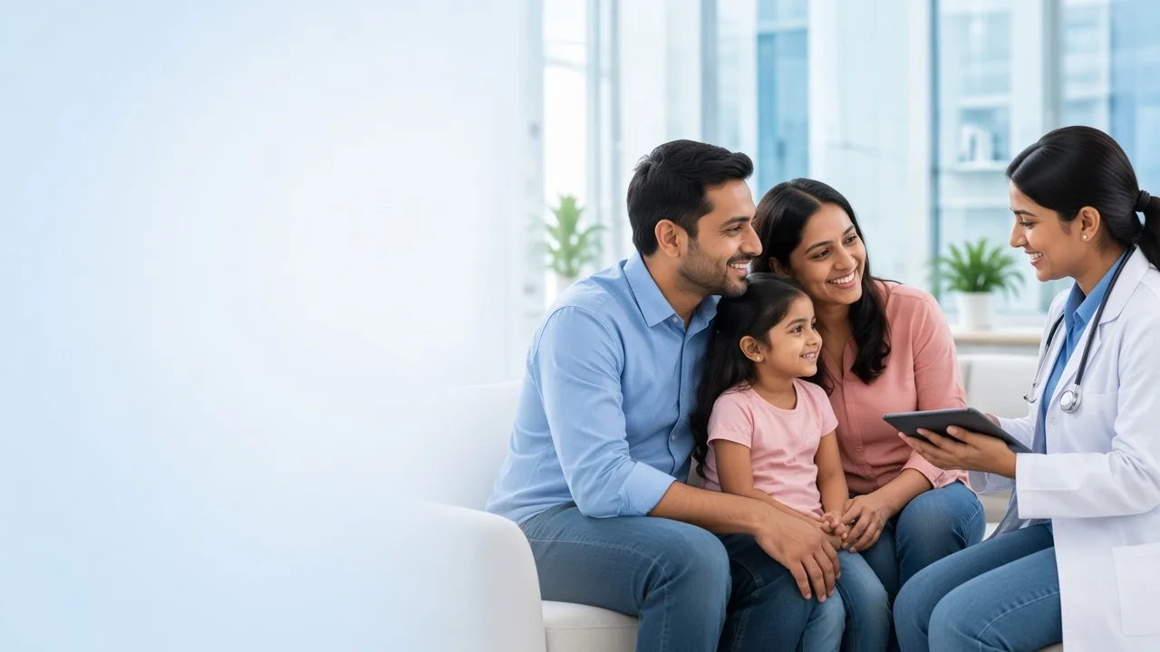 Family smiling as a doctor shows their health records on a tablet