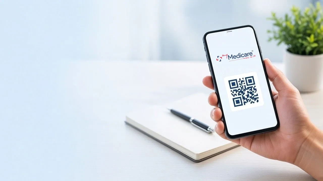 Hand holding a phone showing a MyMedicare health key QR code